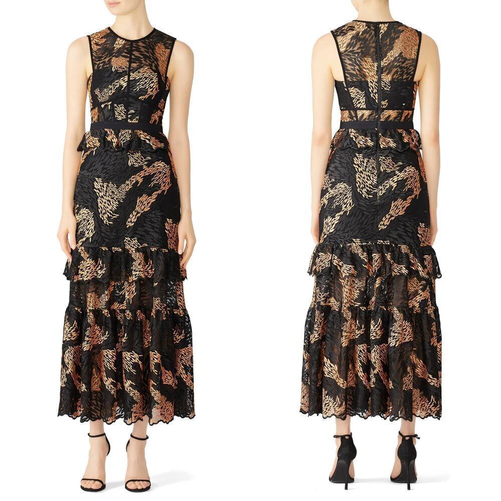 Three Floor Pine For You Dress Sleeveless Ruffle Maxi Formal Party Black Gold XS